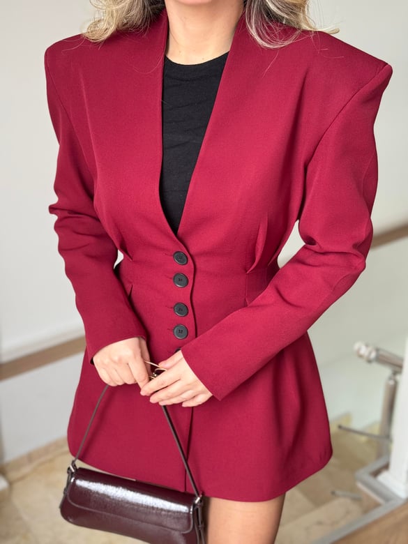 Belden Oturtmalı Mini Etek Ceket Takım - Bordo