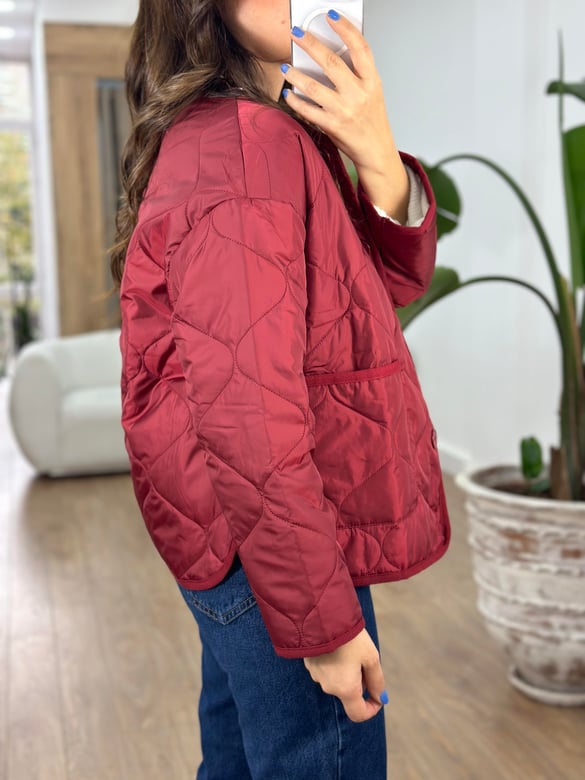 Düğmeli Kapitone Ceket-Bordo