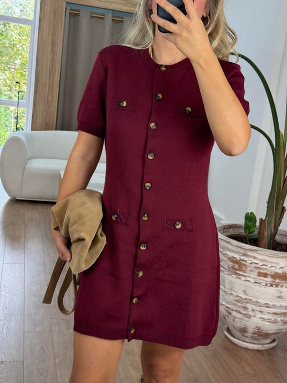 Düğmeli Yumuşacık Triko Elbise-Bordo