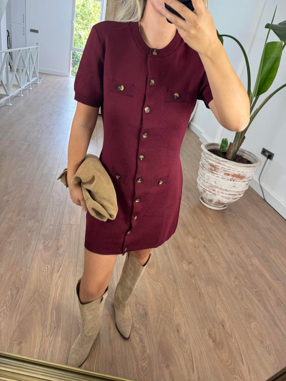 Düğmeli Yumuşacık Triko Elbise-Bordo