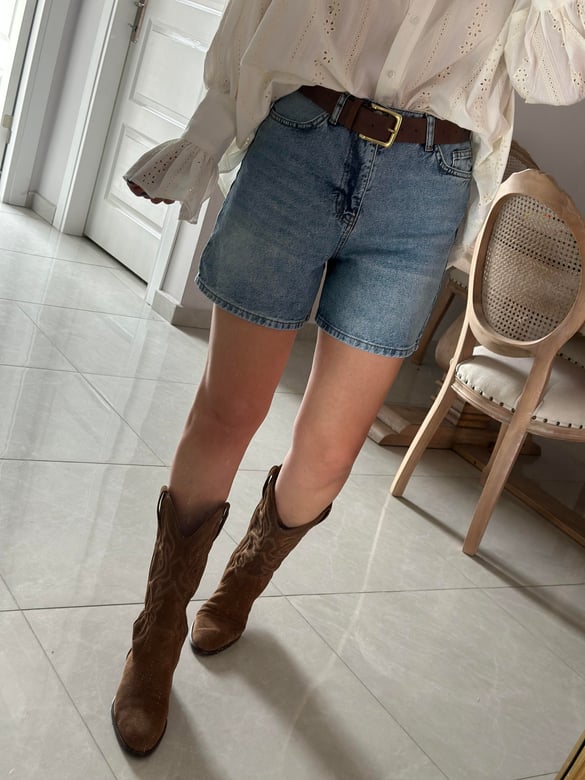 Düz Kesim Mini Denim Şort - Mavi