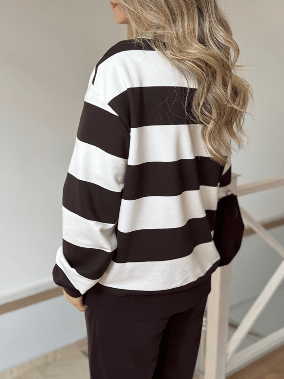 Çizgili Sweatshirt Eşofman Takım - Kahverengi