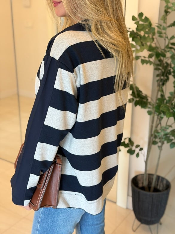 Agraf Detaylı Polo Yaka Çizgili Sweatshirt-Lacivert