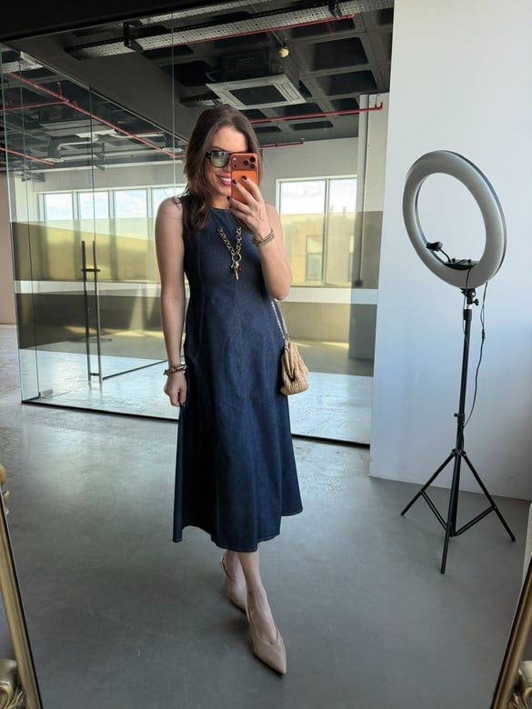 Sıfır Kol Cepli Denim Elbise