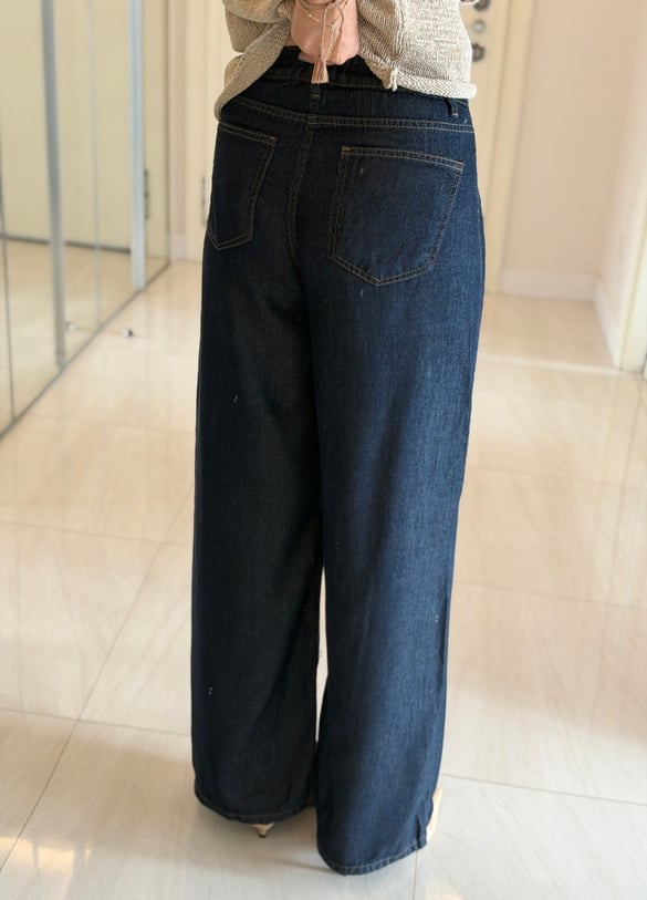Bel Arkası Lastikli Tensel Denim Palazzo - Lacivert 