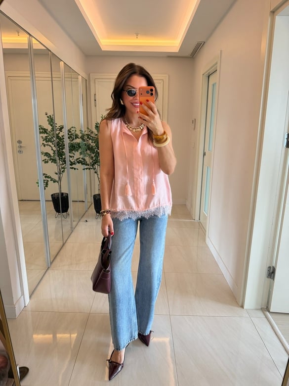 Etek Ucu Dantelli Modal Bluz-Pembe