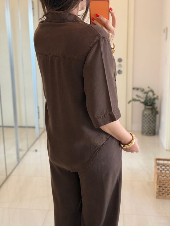 Yarım Kol Premium Tensel Denim Takım -  Kahve