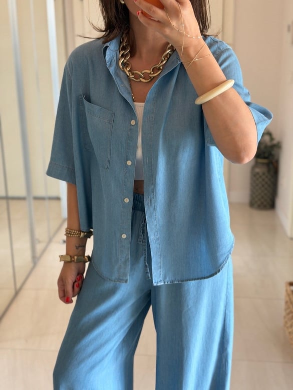 Yarım Kol Premium Tensel Denim Takım - Buz Mavisi