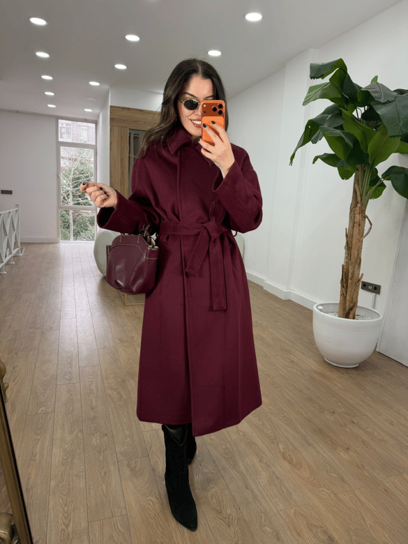 Beli Kuşaklı Uzun Yün Kaban - Bordo