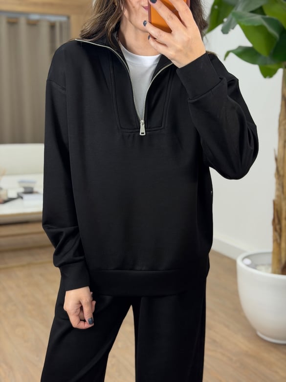Fermuar Detaylı Sweatshirt Pantolon Modal Takım - Siyah