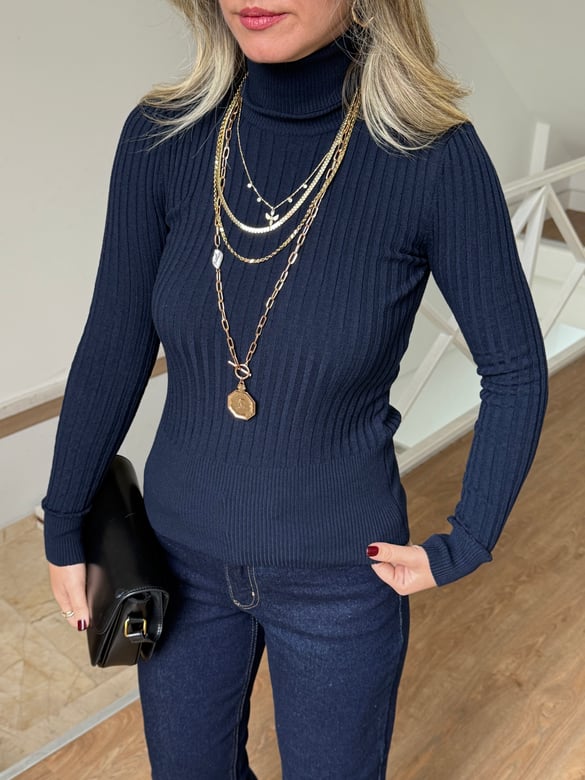 Fitilli Balıkçı Yaka Basic Kazak - Lacivert