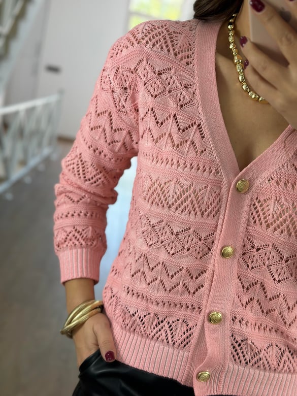 Gold Düğmeli Ajurlu Hırka-Pembe
