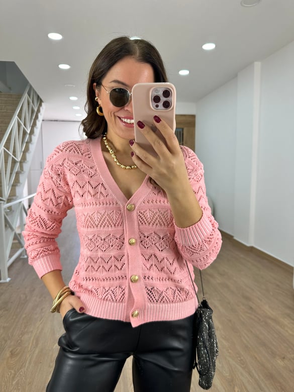 Gold Düğmeli Ajurlu Hırka-Pembe