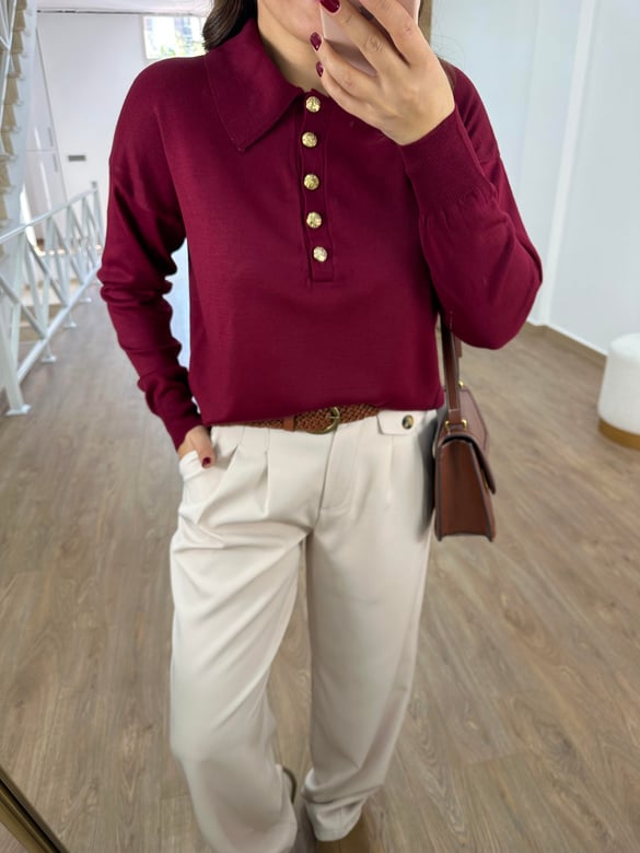 Gold Düğmeli Polo Yaka Triko-Bordo