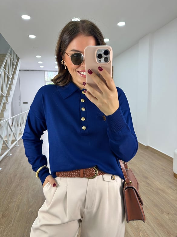 Gold Düğmeli Polo Yaka Triko-İndigo