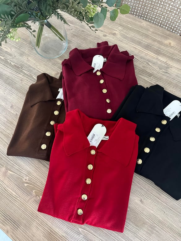 Gold Düğmeli Polo Yaka Triko-Kahverengi