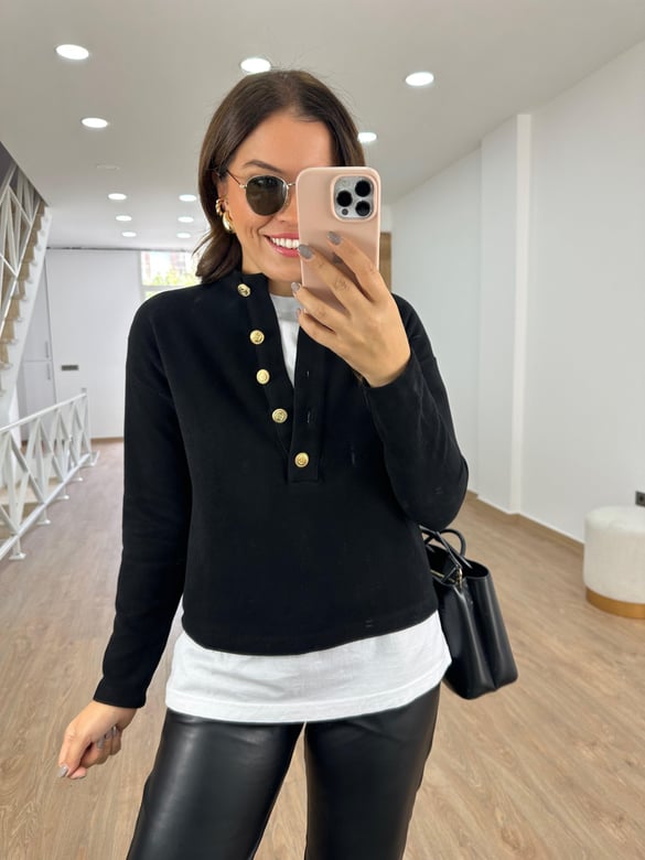 Gold Düğmeli Selanik Kumaş Sweat-Siyah