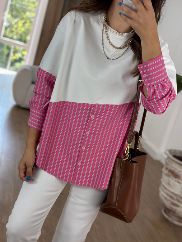 Gömlek Detaylı Sweatshirt - Fuşya