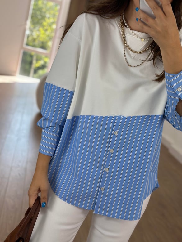 Gömlek Detaylı Sweatshirt - Mavi