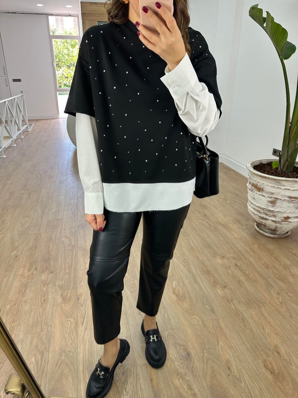 Gömlek Detaylı Taşlı Sweatshirt-Siyah