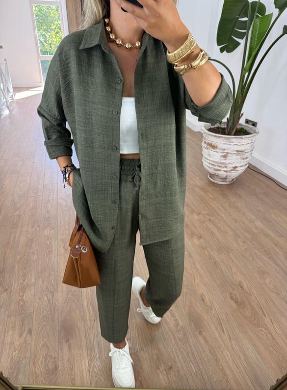 Gömlekli Keten Takım-Haki