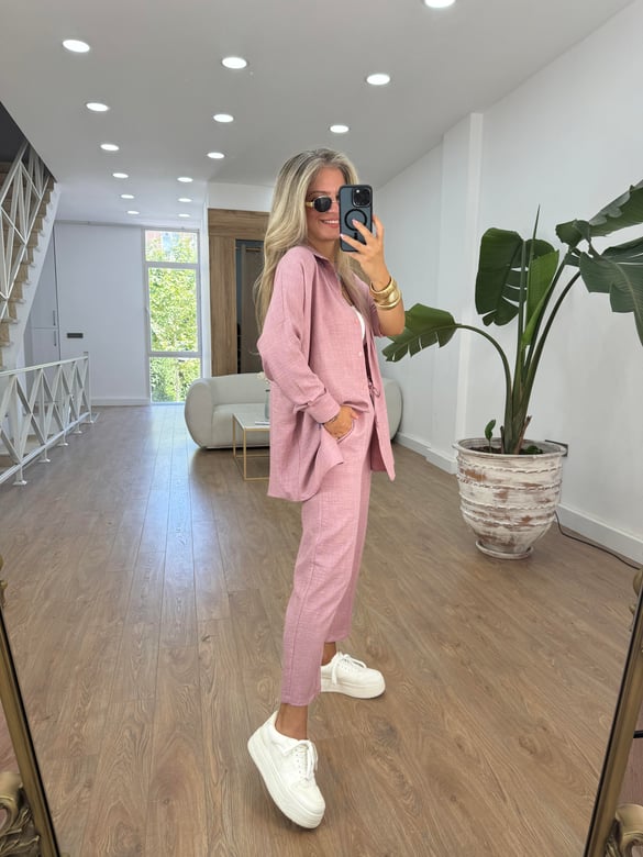 Gömlekli Keten Takım-Pembe
