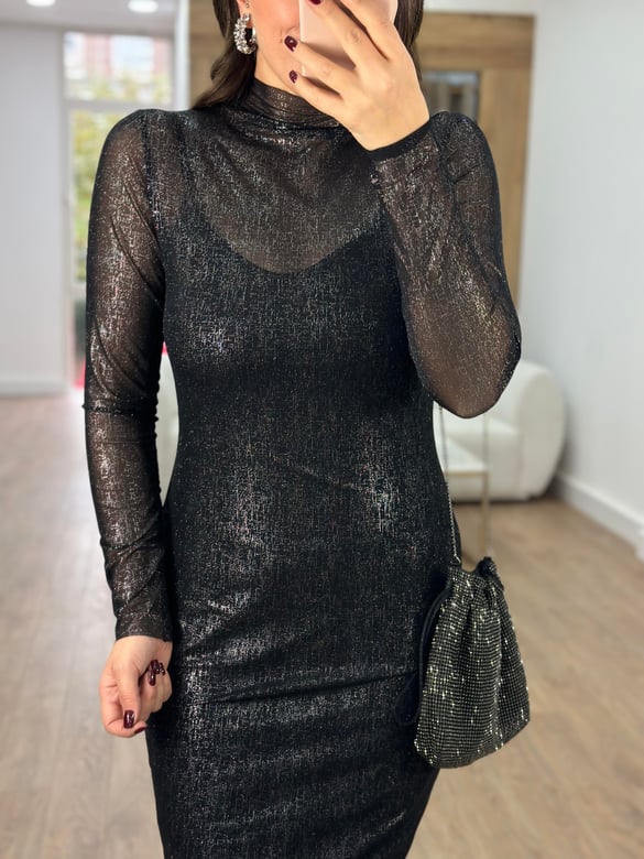 Gümüş Varak Baskılı Likralı Tül Elbise
