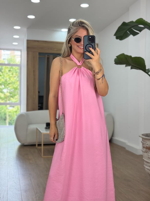 Halka Detaylı Halter Yaka Maxi Elbise-Pembe