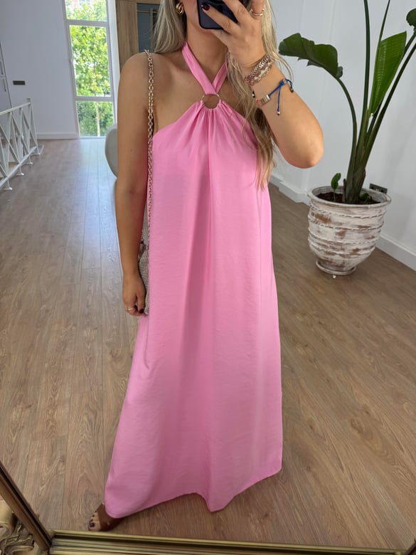 Halka Detaylı Halter Yaka Maxi Elbise-Pembe