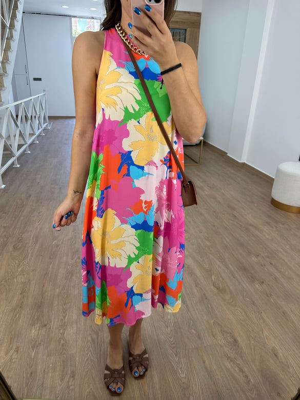 Halter Yaka Çiçekli Salaş Elbise-Pembe