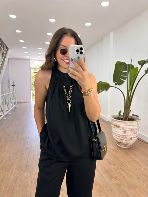 Halter Yaka Keten Bluz - Siyah