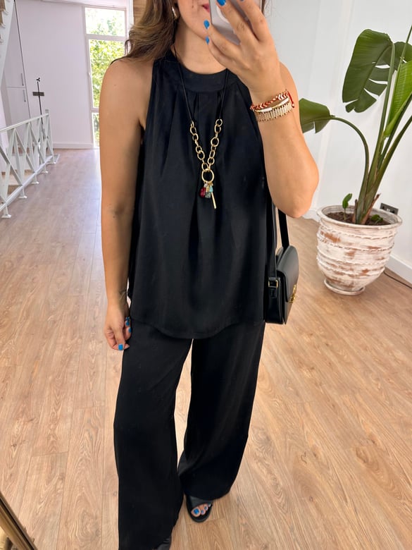 Halter Yaka Keten Bluz - Siyah