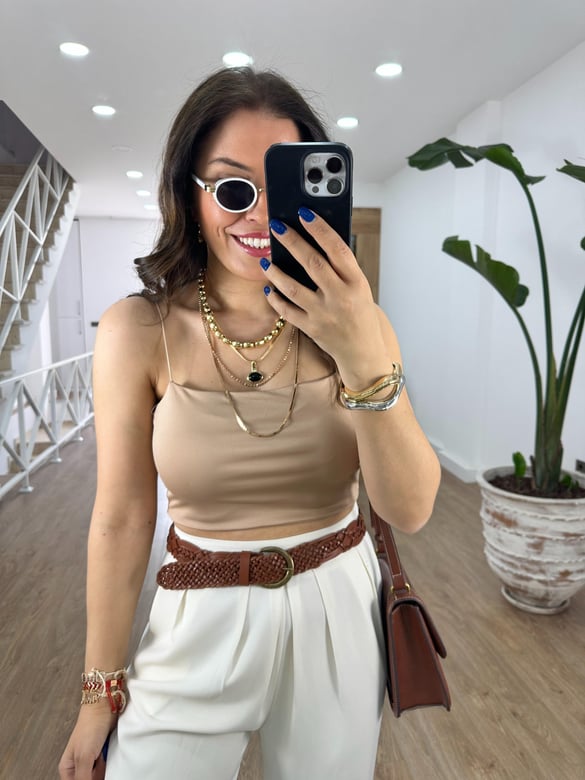 İp Askılı Çift Katlı Crop-Bej