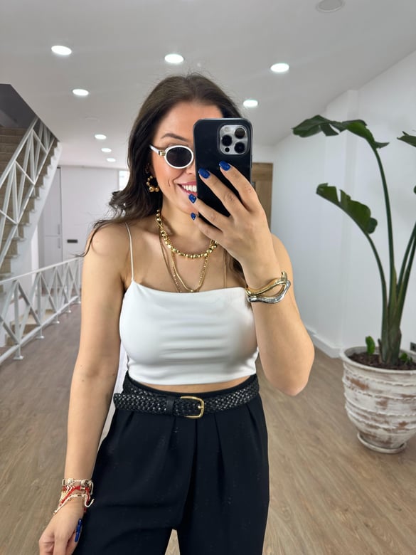 İp Askılı Çift Katlı Crop-Beyaz
