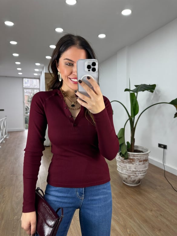 İtalyan Kol Düğmeli Bluz  - Bordo