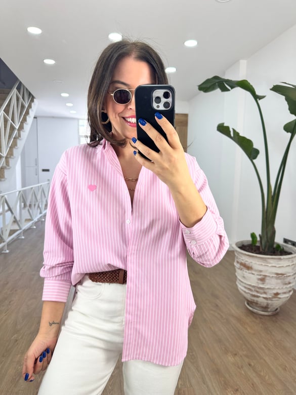 Kalp Nakışlı Çizgili Gömlek-Pembe
