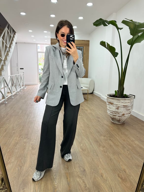Kapüşon Detaylı Blazer Ceket-Gri