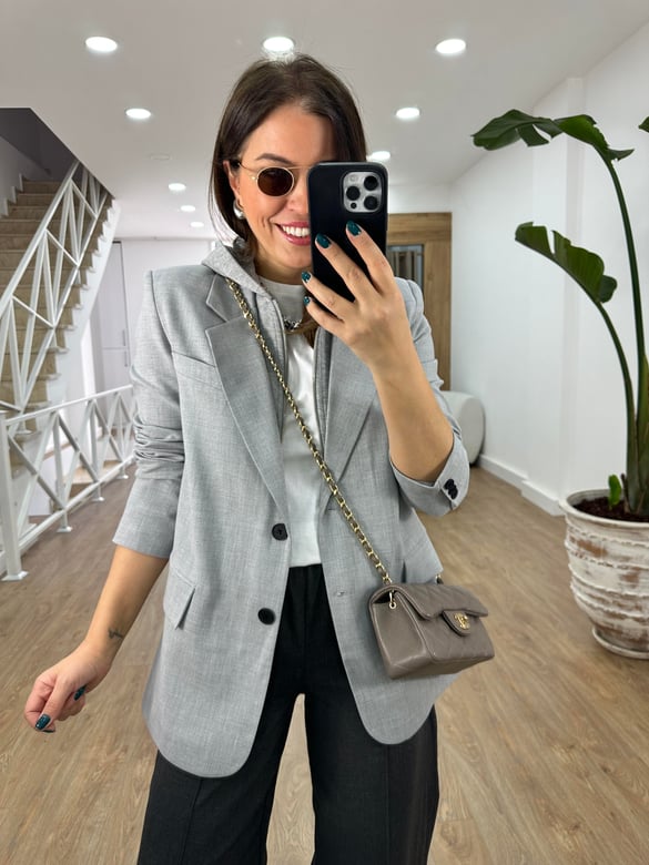 Kapüşon Detaylı Blazer Ceket-Gri