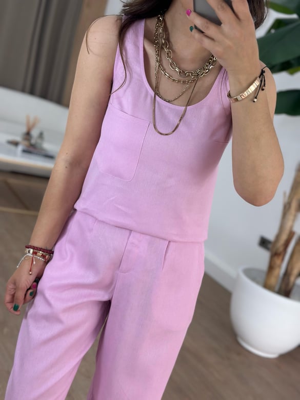Kare Yaka Keten Pantolon Bluz Takım - Pembe