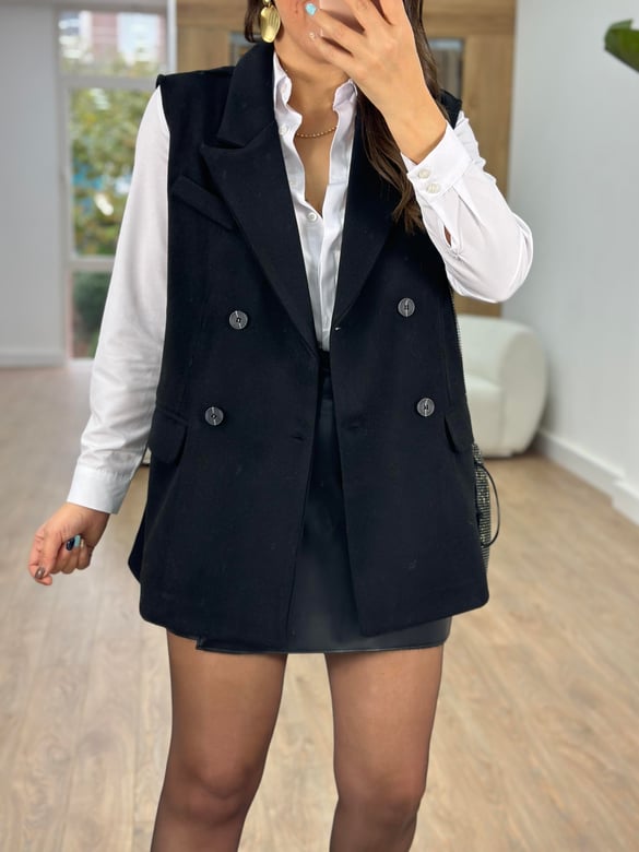 Kaşe Blazer Yelek-Siyah