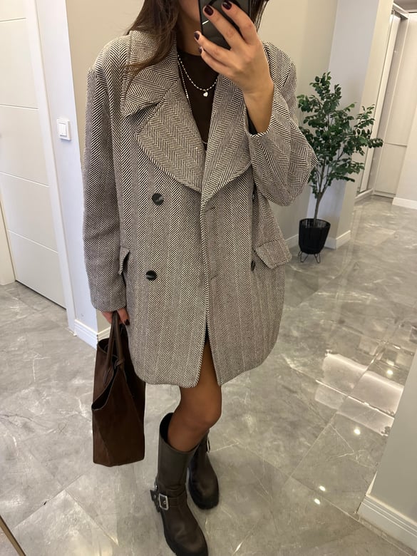 Kazayağı Astarlı Oversize Kaban - Kahverengi