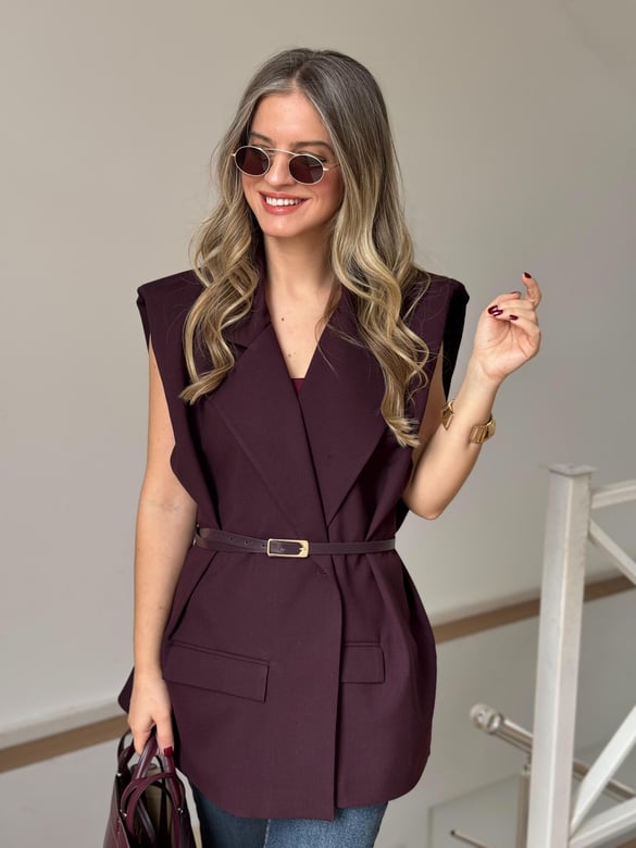 Kemerli Blazer Yelek - Mürdüm