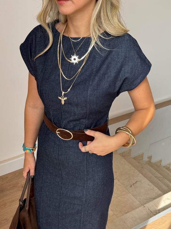 Kemerli Midi Boy Denim Elbise 
