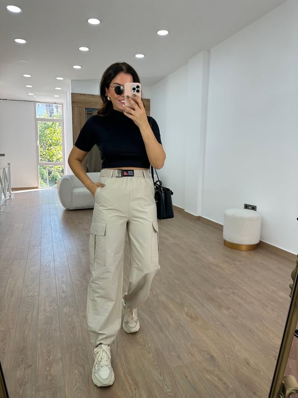 Kemerli Paçası Lastikli Kargo Cep Pantolon-Taş