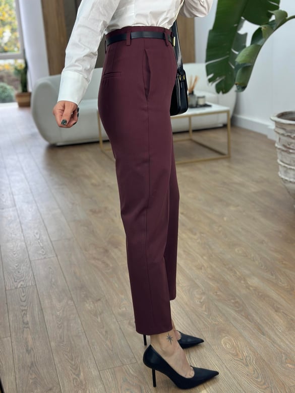 Kemerli Yüksek Bel Pantolon - Bordo
