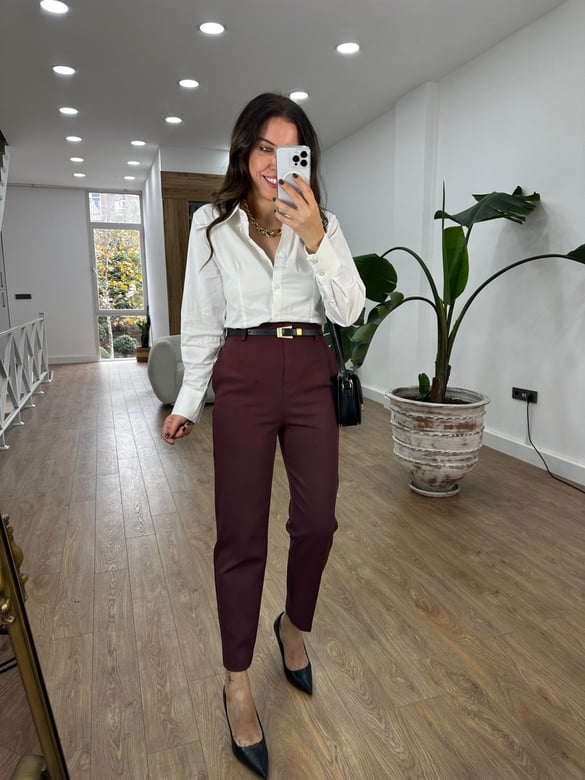 Kemerli Yüksek Bel Pantolon - Bordo