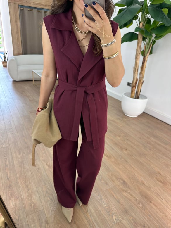 Keten Yelek Pantolon Takım - Bordo