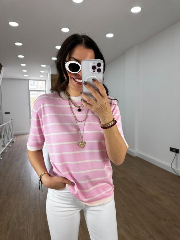 Kısa Kol Çizgili Merserize Triko - Pembe