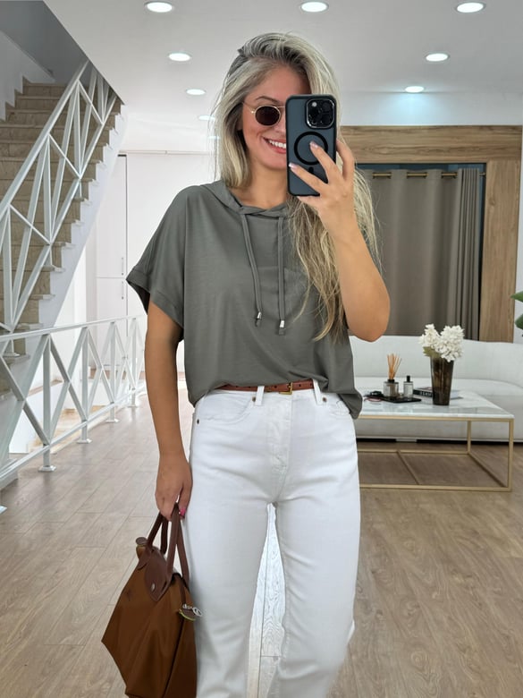 Kısa Kollu Kapüşonlu Sweatshirt - Haki