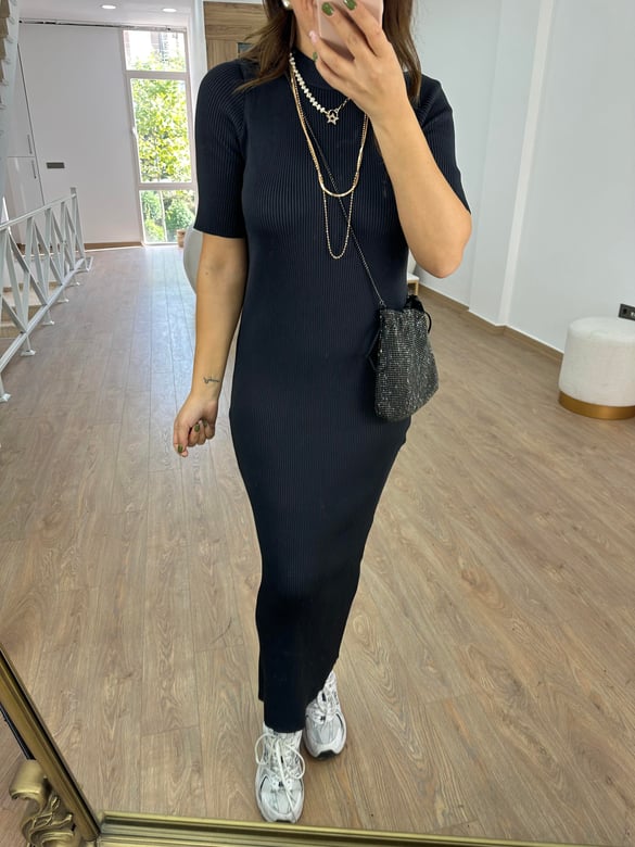 Kısakol Triko Basic Elbise-Füme